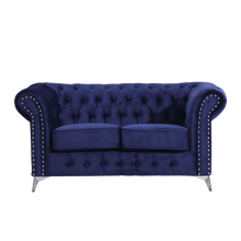 Chesterfield Blue Plush Velvet 3+2 Seater Sofa