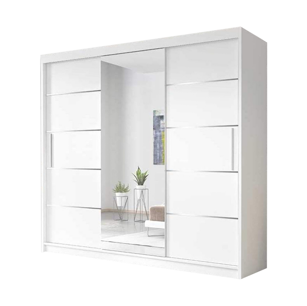 Lyon White Modern Double Mirror Sliding Door Wardrobe With LED Light ...