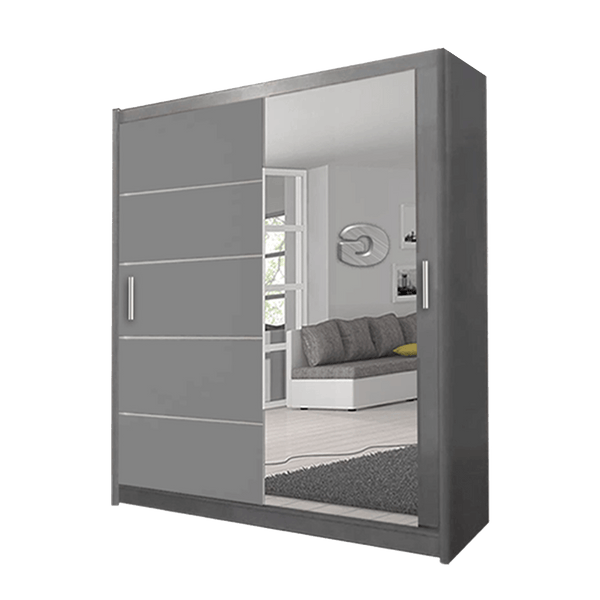 Lyon Grey Modern Double Mirror Sliding Door Wardrobe With LED Light - Prime Furniture